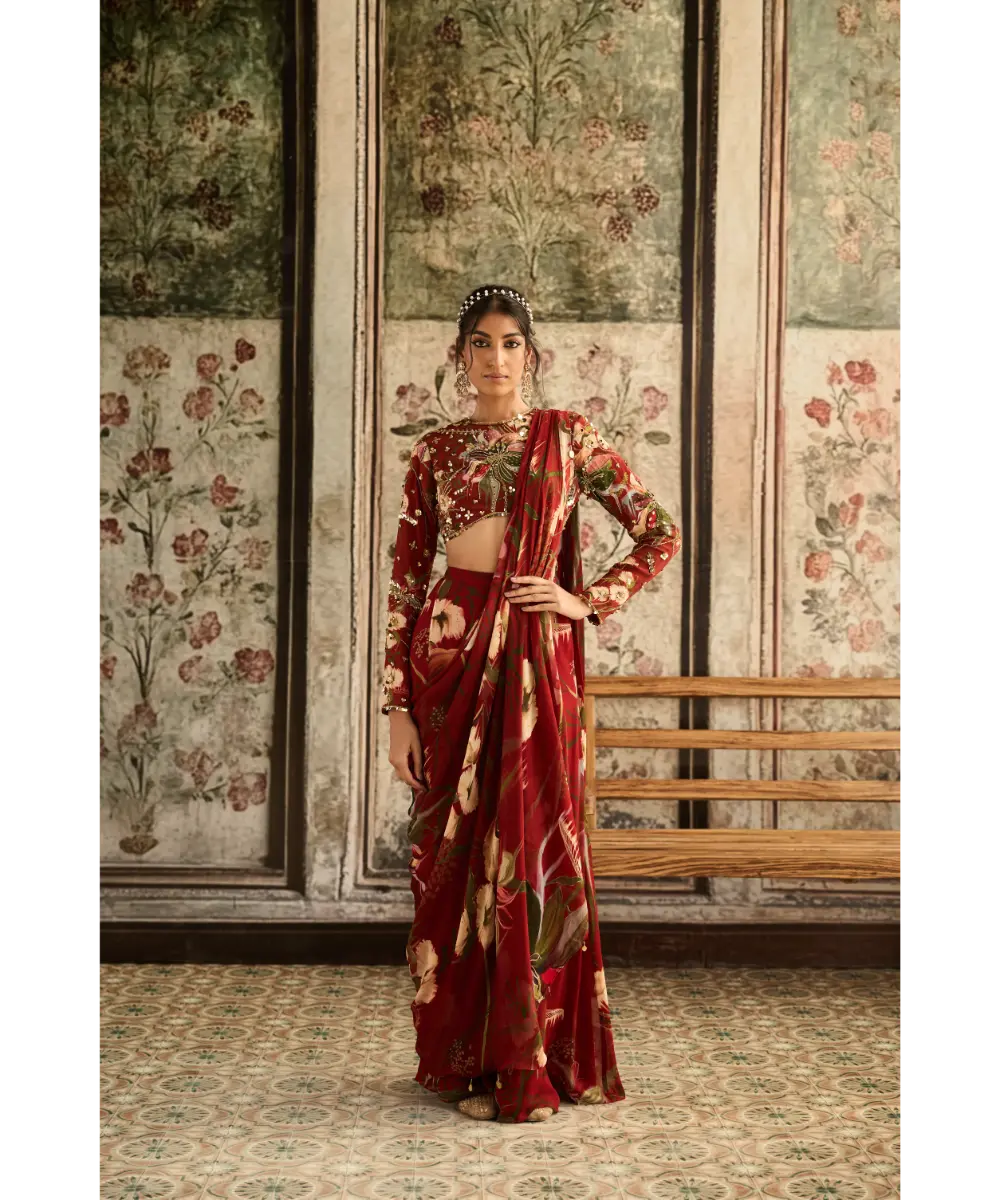 DIYARAJVVIR - Red Floral Printed Skirt Saree Set